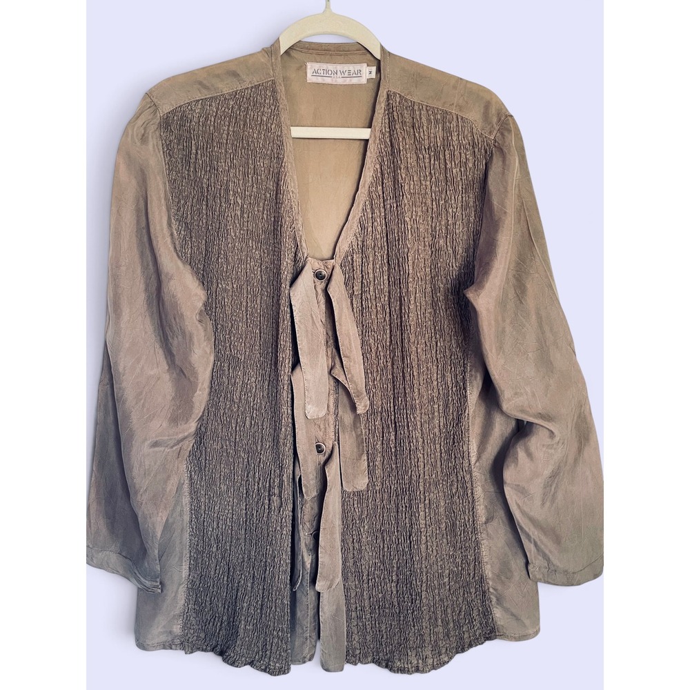 Vintage ActionWear USA Rayon Top Taupe Smocked Crinkle Plisse Tie M Whimsigoth